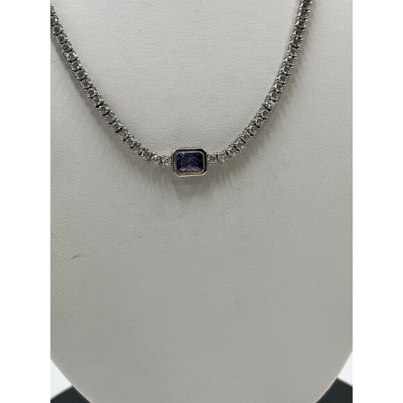YGI Sterling Silver lolite/Tanzanite Emerald Cut Center Stone CZ Tennis Necklace - Picture 6 of 16
